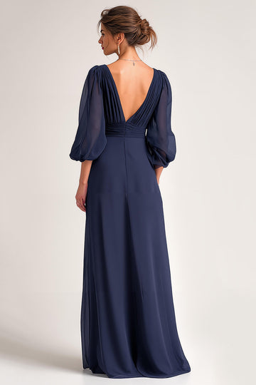 Navy Long V-Neck A Line Mother of the Bride Dress with Sleeves
